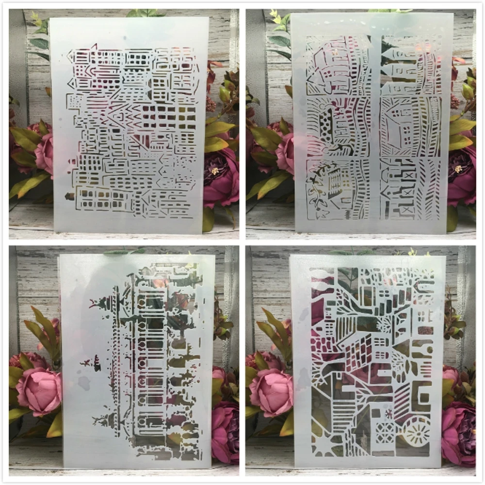 

4Pcs A4 29cm Buildings House DIY Layering Stencils Wall Painting Scrapbook Coloring Embossing Album Decorative Template