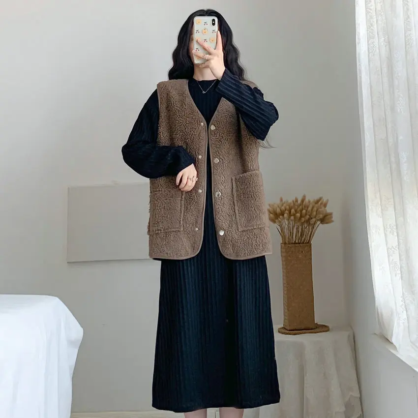 

Korean Style Brown Berber Fleece Vest And Black Knitting Dress 2 Pieces Suit Set Winter Autumn Fashion Oversize Dresses Twinset