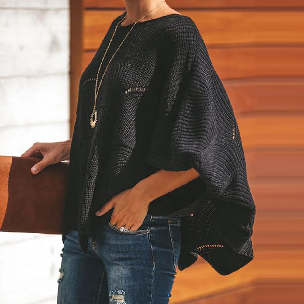 

Fashion Loose Women Sweater Bat Type Autumn Winter O Neck Long Sleeve Knitted Pullover Casual Hollow Coat For Office Streetwear