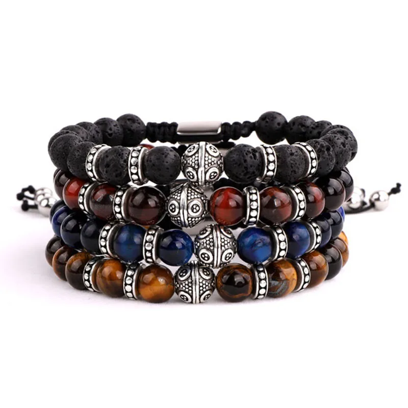 Drop Shipping Men Jewelry Natural Stone Beads A Grade Tiger Eye Tibetan silver Charms Macrame Bracelet Men