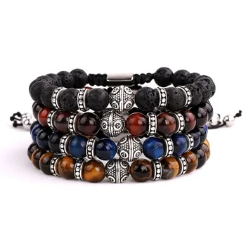 Drop Shipping Men Jewelry Natural Stone Beads A Grade Tiger Eye Tibetan silver Charms Macrame Bracelet Men