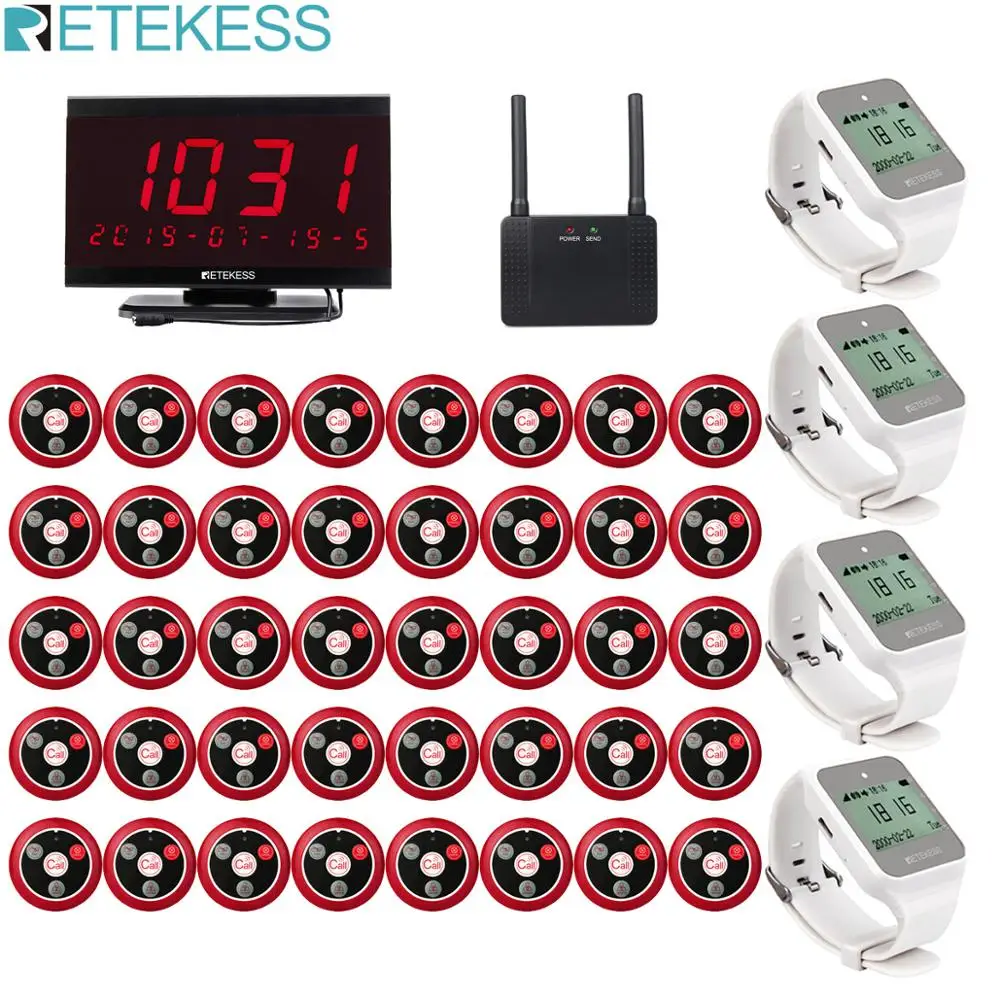 

Restaurant Pager Waiter Wireless Calling System 40pcs T117 Call Button+4pcs TD108 Watch Receiver+Receiver Host+Signal Repeater