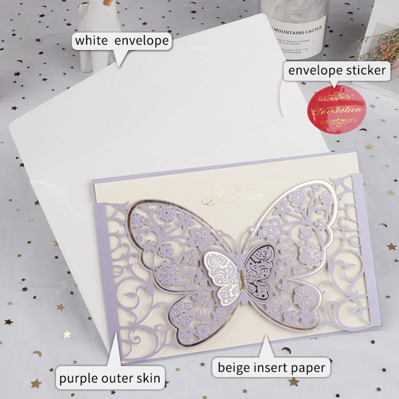 50pcs Butterfly Elegant Laser Cut Wedding Invitation Card Business Greeting Card Customized Wedding Decoration Party Supplies