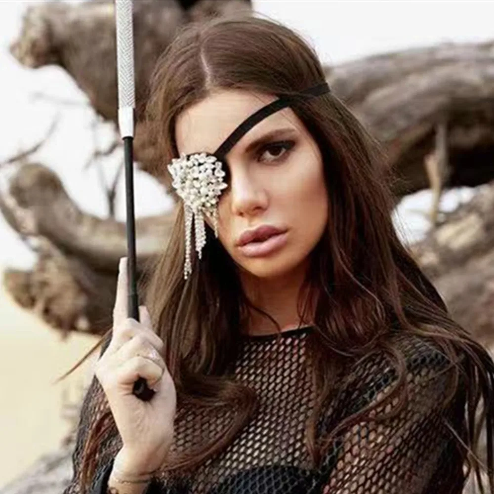 Customize Bling Crystal Pirate Eyeshade Christmas Eye Mask Face Jewelry for Women Luxury Rhinestone Pearls Cosplay One Eye Patch