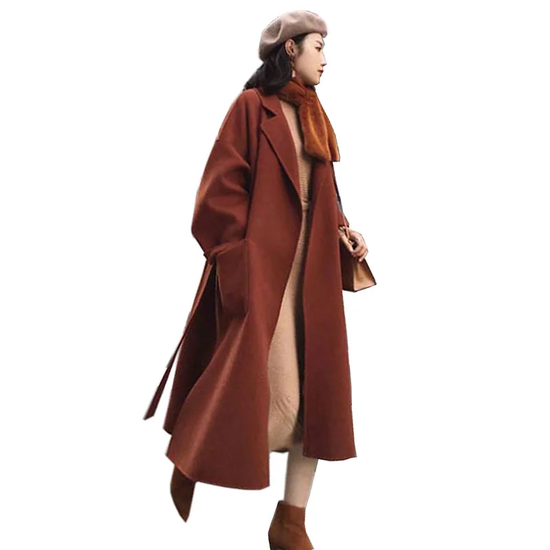 Осень-зима, новое корейское пальто для отдыха, длинное пальто для женщин, кашемировая Свободная верхняя одежда, повседневное шерстяное пальто с карманами, женское Смешанное пальто