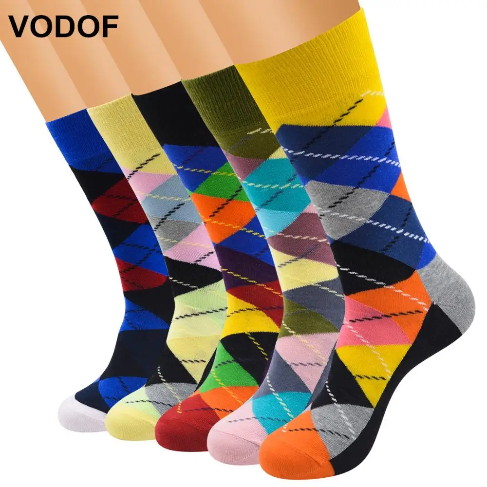 

VODOF 5pairs/Lot men's cotton socks ARGYLE pattern for man casual dress classical long sock man couple wedding gift sock