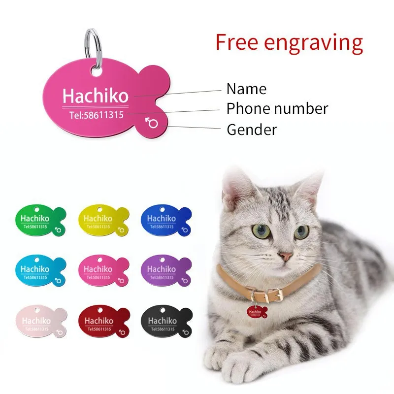 Accesorios para mascotas, etiqueta de identificación de gato, etiquetas de nombres de mascotas, Collar de gato, accesorios con teléfono, sexo y etiquetas de nombres, grabado gratis, a012