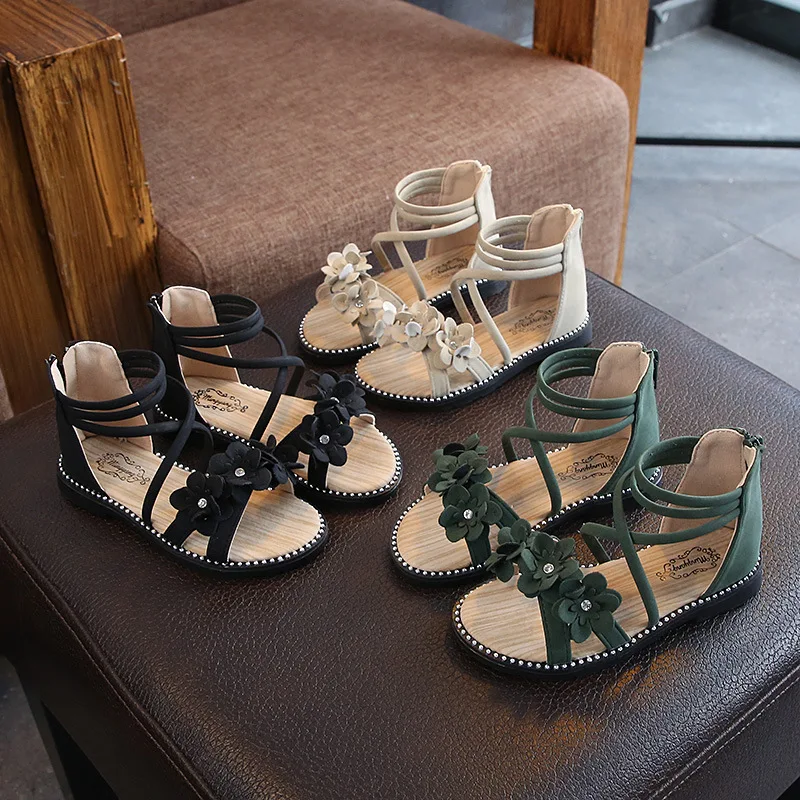 2020 New Fashion Flowers Rhinestone Leather Summer Childrens Big Kids Soft Bottom Girls Beach Shoes 4 5 6 7 8 9 10 11 12 Years