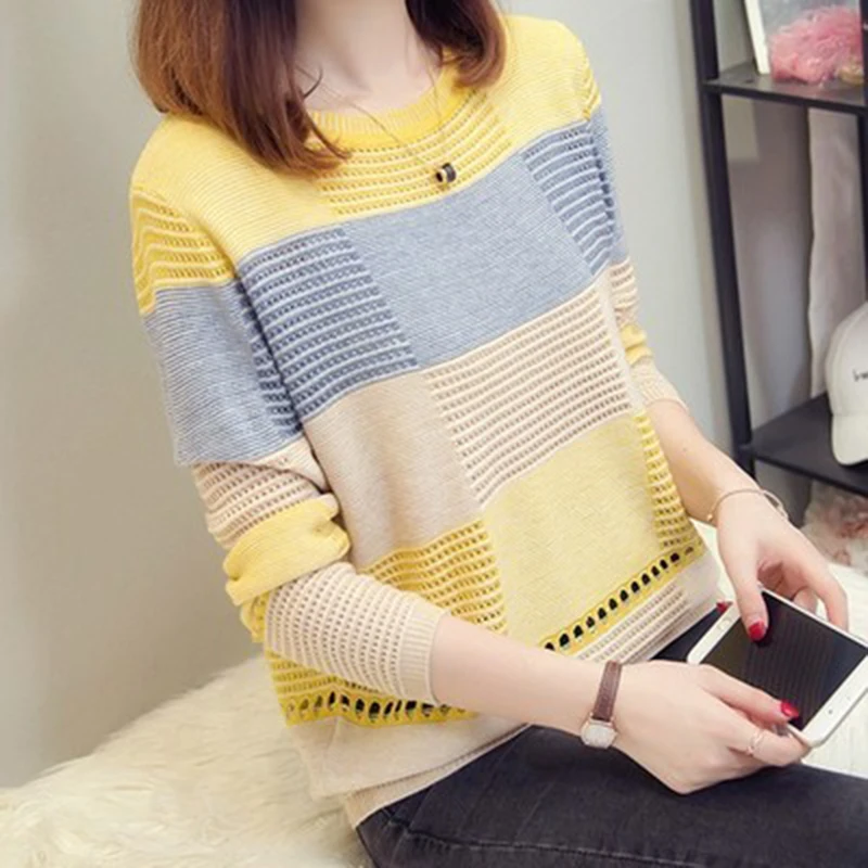 

Korean Style Women's Autumn Spring Sweaters Stripe Patchwork Knitted Ladies Tops Pull Jumpers O Neck With Long Sleeve Pullovers