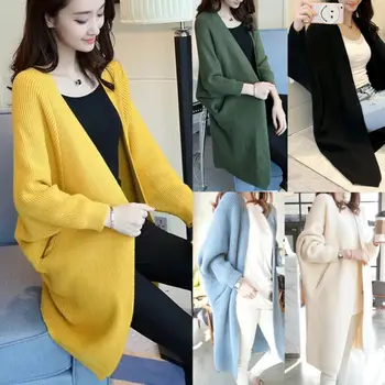 

Womens Knitwear Cardigans Long Sleeve Crew Neck Coat Baggy Elegant Solid Color Knitted Sweater Jumper Tops Coat 2019 Autumn Warm