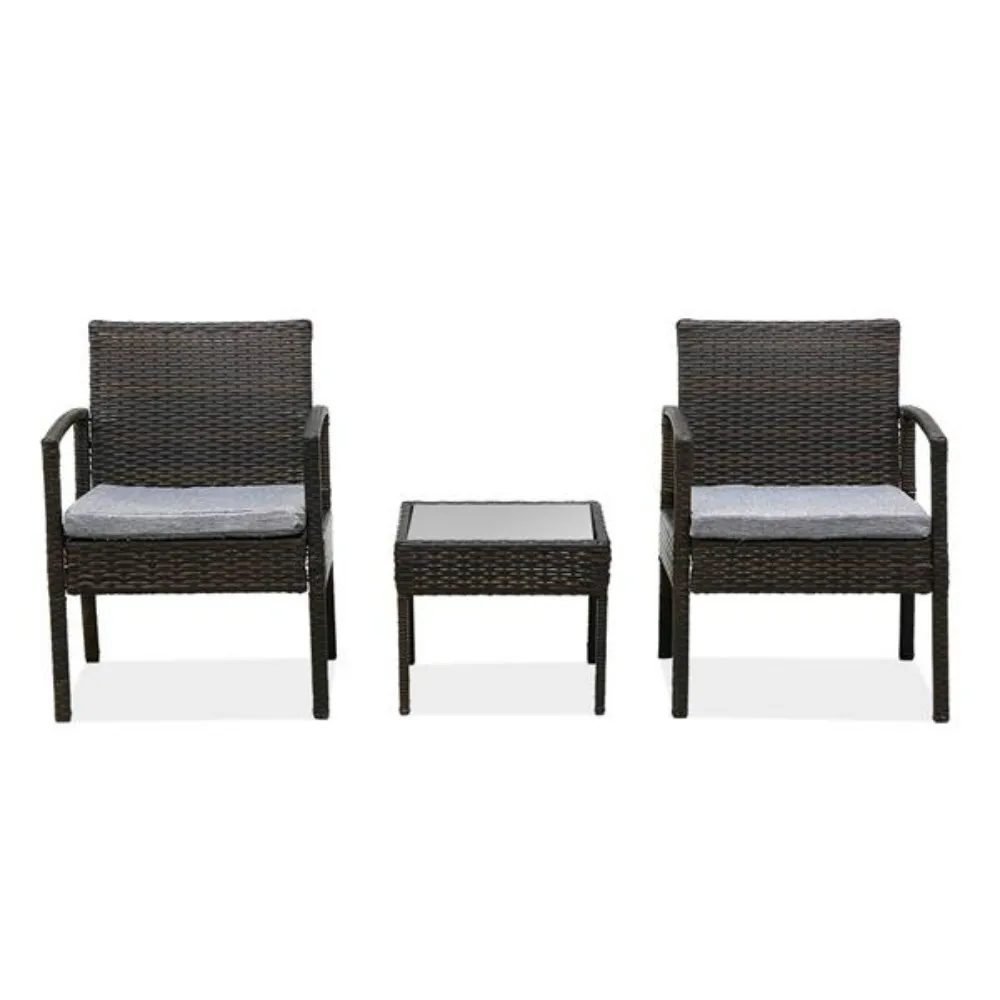 

3 Piece Outdoor Patio Wicker Rattan Furniture Set Including 2 Cane Chair and 1 Small Tea Table