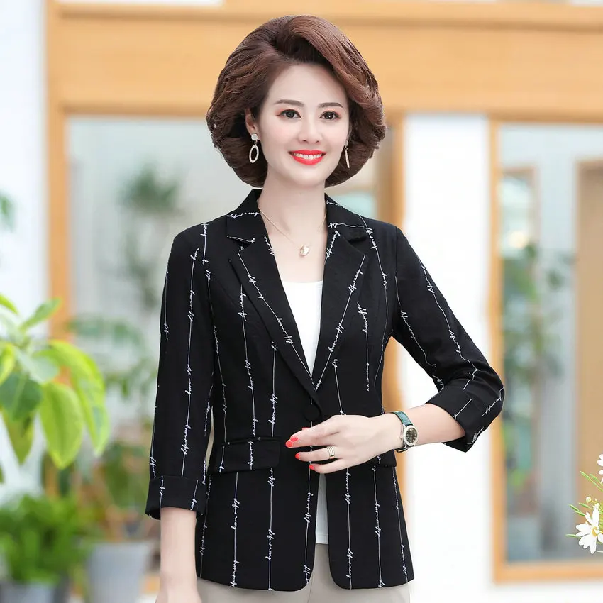 Mature Women Black Slim Fit Blazer Autumn Spring Three Quarter Sleeve Notched Collar Jacket Suit Middle Aged Woman Blazers XXXXL