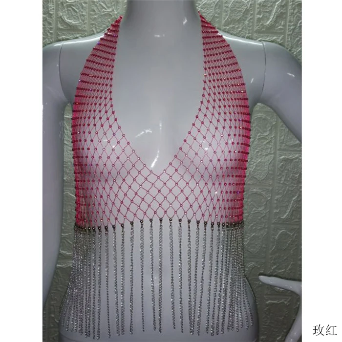 Блестящая СТРАЗА в сеточку Camis Женская Глубокий v-образный Вырез Холтер топик без спинки Camis Летняя мода сексуальное платье для вечеринки кисточка Camisole - Цвет: Rose Red