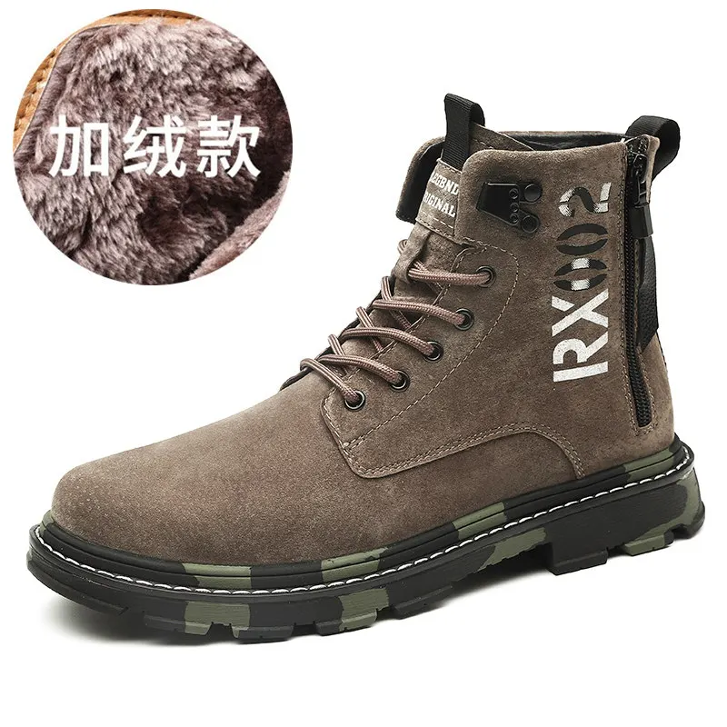 Khaki with fur Теплые зимние ботинки на меху Мужская зимняя обувь мужская кожаная обувь ботильоны ковбойские водонепроницаемые ботинки мужские мотоциклетные повседневные ботинки обувь 45 - Цвет: Khaki with fur
