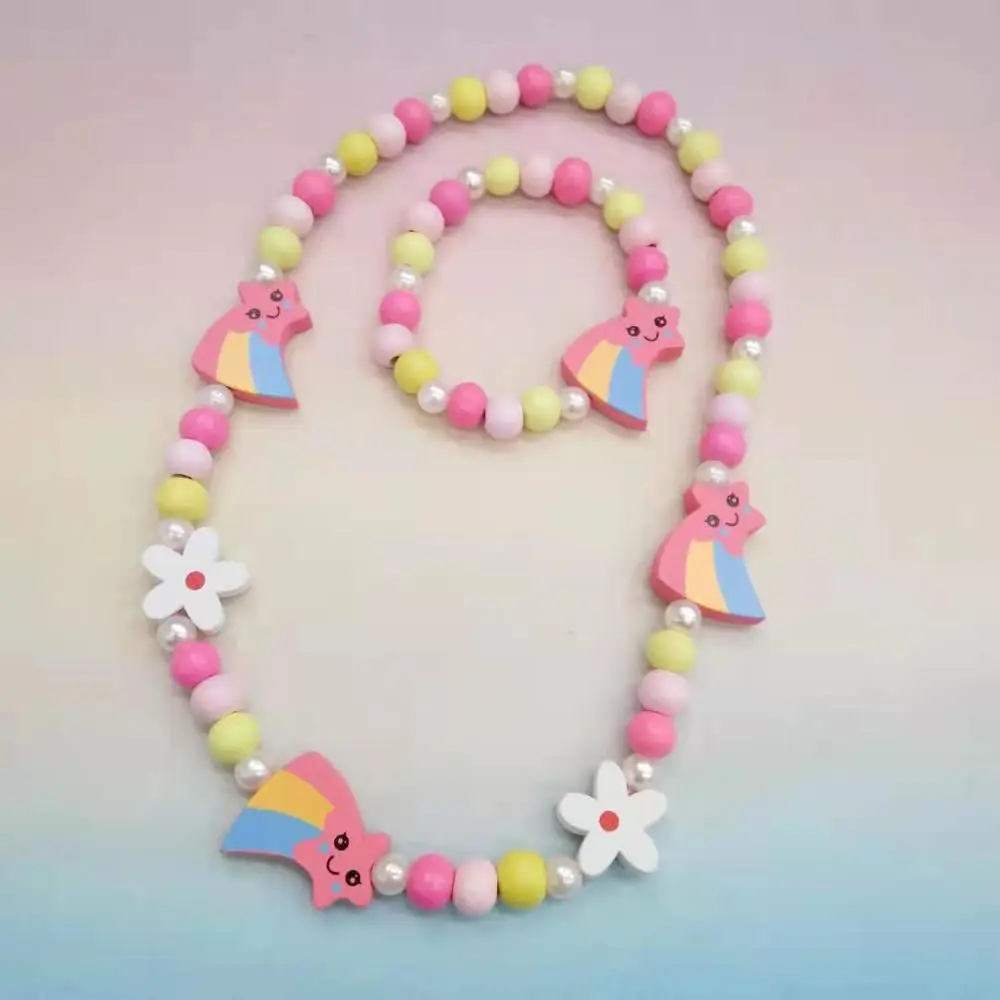 Charming Cartoon Animal and Flower Jewelry Set for Kids - Adorable Sweater Necklace and Bracelet Gift