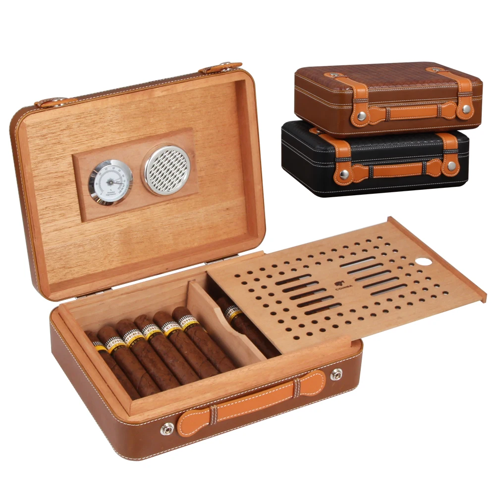 

COHIBA Leather Cigar Humidor Box Travel Bag Style Cigar Case Cedar Wood Cigar Accessories With Humidifier Hygrometer Cigar Box