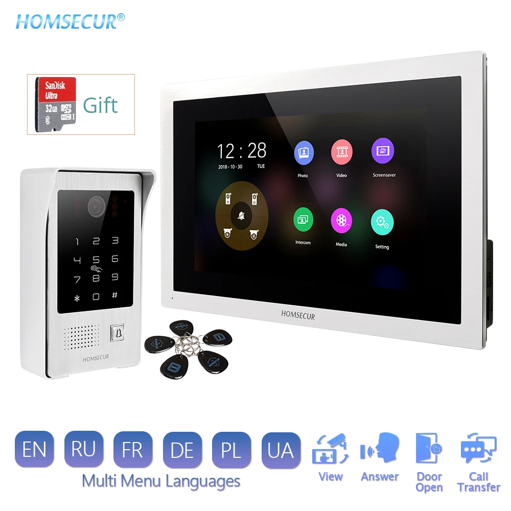 Система видеодомофона HOMSECUR с 10 дюймовым сенсорным экраном RFID брелок