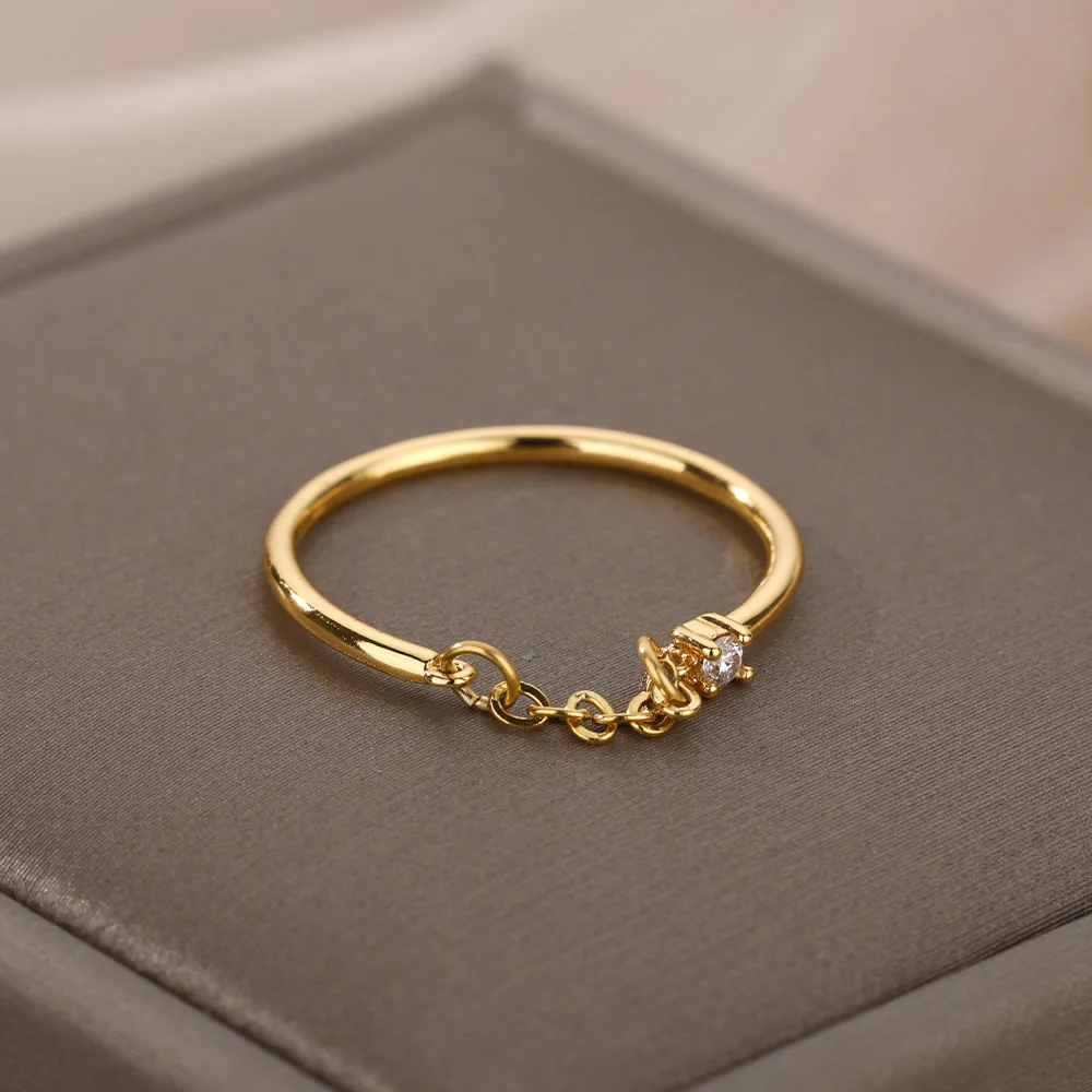 Finger Chain Rings For Women Stainless Steel Zircon Round Punk Rings Jewelry