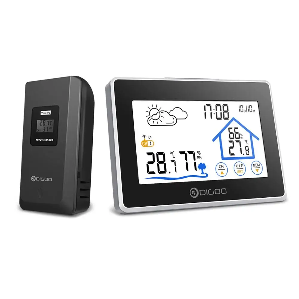 Черный Digoo DGTH8380 Метеостанция Цифровой термометр гигрометр беспроводной датчик погоды температура измеритель влажности сенсорный экран - Цвет: Черный