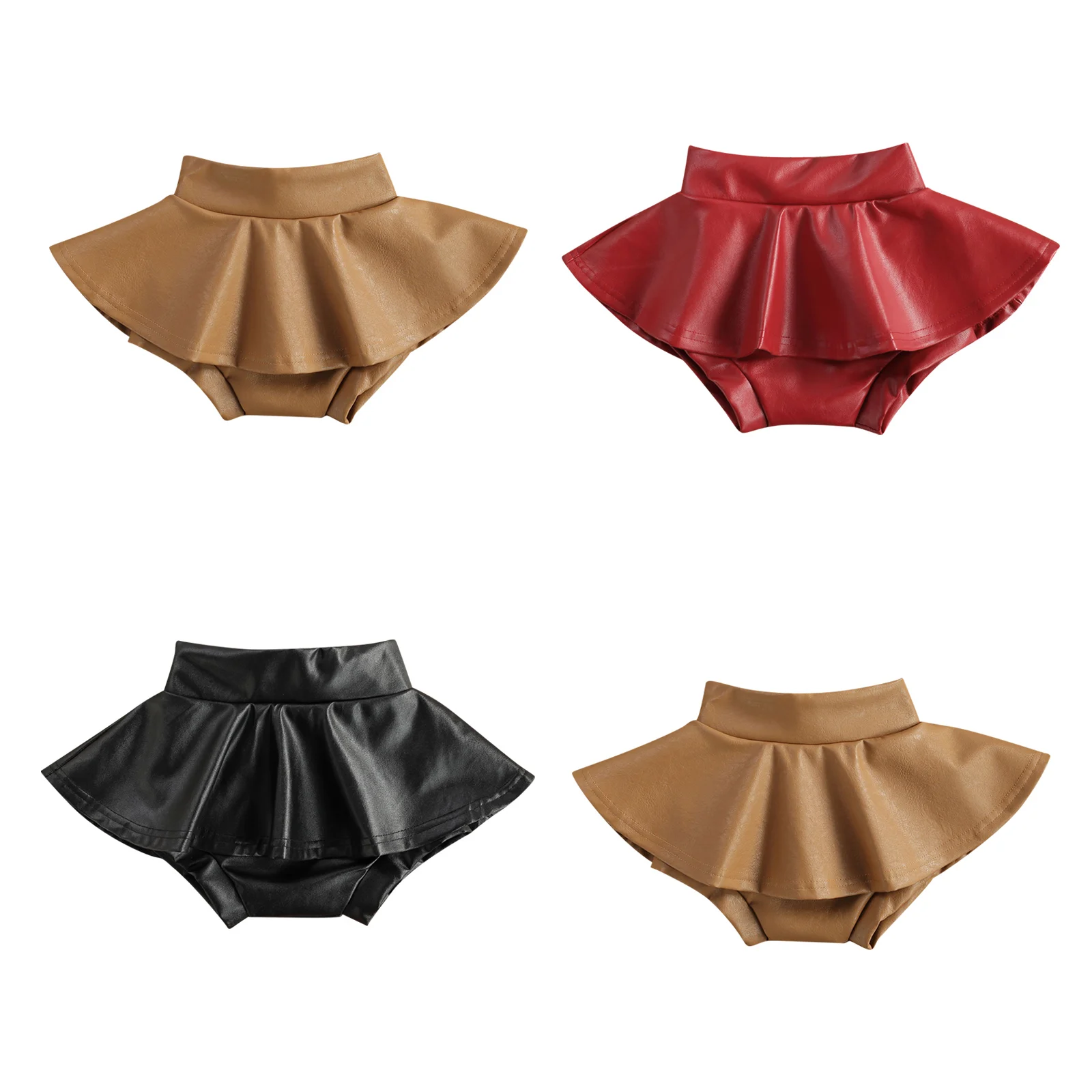 Princess New Kids Baby Girls Culottes Skirts Solid Color PU Leather Ruffled High Waist Shorts Pantskirts for Newborn Baby Girls baby girl skirt