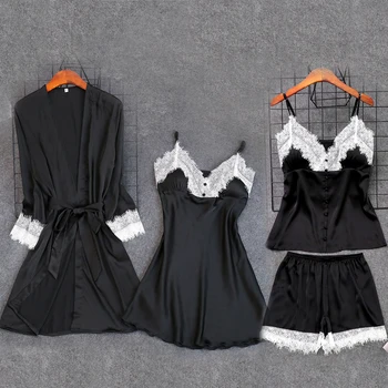 

Black Womens 4PC Strap Top Pants Suit Pajamas Sleepwear Sets Spring Home Wear Nightwear Sexy Kimono Robe Bath Gown Bathrobe M-XL