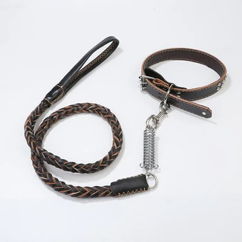 

High Quality Genuine Leather Large Dog Leashes Pet Traction Rope Collar Set For Big Dogs Leather Collars Leash