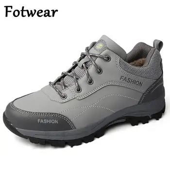 

Fotwear Winter Men Plush Boots Plus Size Leather Men Work Shoes Durable Rubber Ankle Boots Fur Outdoor Lace Up Men's Sneakers