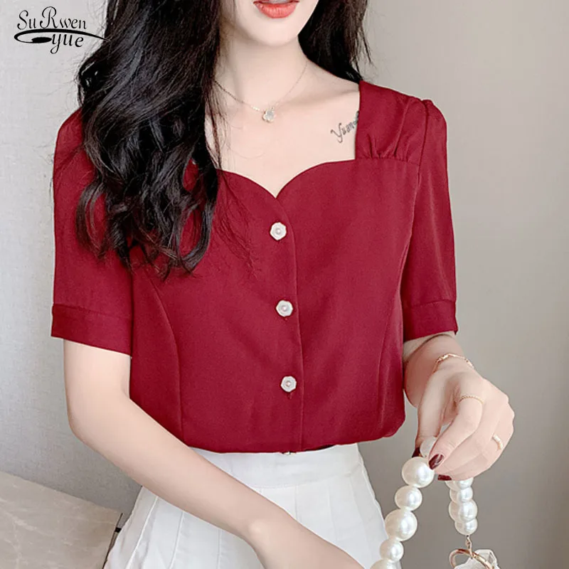 Blusas Лето 2021 женские рубашки топы блузки с коротким рукавом Милая шифоновая