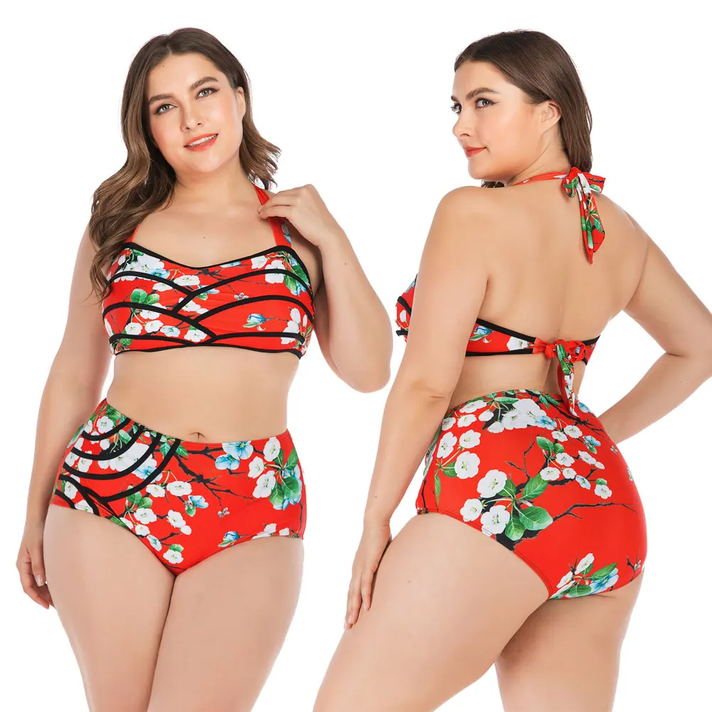 

Women's Plus Size Swimwear 2 Piece High Waisted Push Up Swimsuit Retro Halter Bathing Suit Beachwear Tummy Control size L-4XL