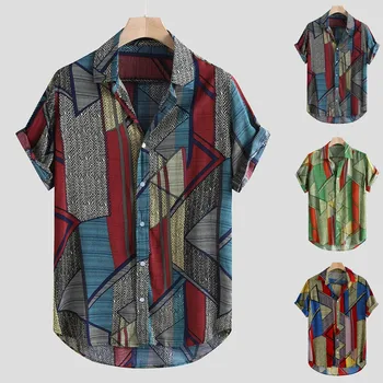 

2020 Mens Ethnic Style Summer Short Sleeve Loose Buttons Casual Shirt Blouse Tops Spring Multicolor Retro blouse shirts Tops #C1