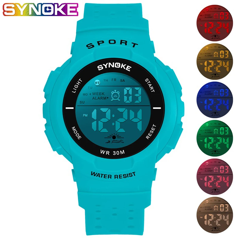 

Synoke Men Girl Digital Watch 3Bar Waterproof Shock Resistant Repeater Stop Watch Mens Fashion Colorful RunningWatch Relogio