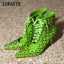 JAWAKYE/пикантные женские ботильоны на шнуровке с заклепками и заклепками; вечерние женские туфли с острым носком и вырезами на высоком каблуке; Цвет зеленый, черный