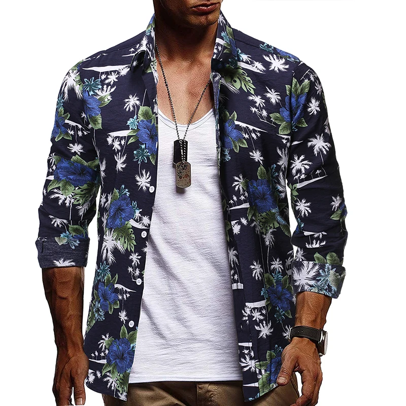 Men Hawaiian Shirt Long Sleeve Floral Print Mens Dress Formal Shirts Camisa Social Masculina Men Casual Slim Fit Tops Shirt 2XL
