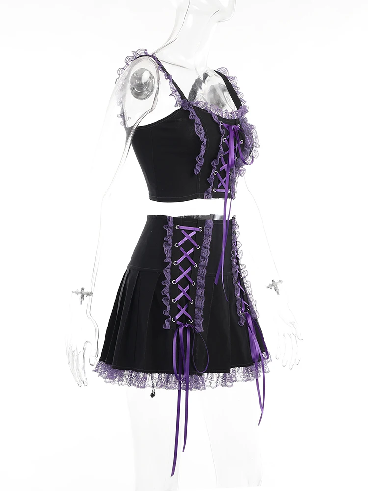 InsGoth Mall Goth Sexy Lace Up Camis Y2K Aesthetic Punk Backless Spaghetti Straps Tops High Waist Bandage Mini Skirts 2pcs Sets plus size pants suits evening wear