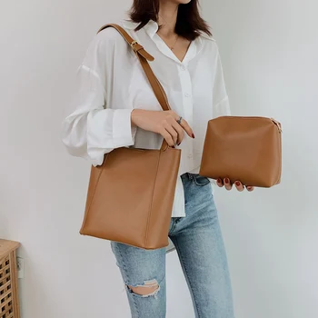 

2pcs/set Women Solid Clutch Totes Classic Texture Delicate Creative Chic PU Leather Large Capacity Bucket Shoulder Bag