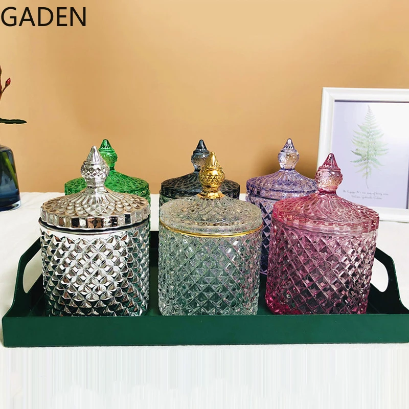 European Style Crystal Glass Storage Jar Multicolor Glass Decoration Storage Box with Lid Cotton Swab Box Desktop Decoration storage box storage jar