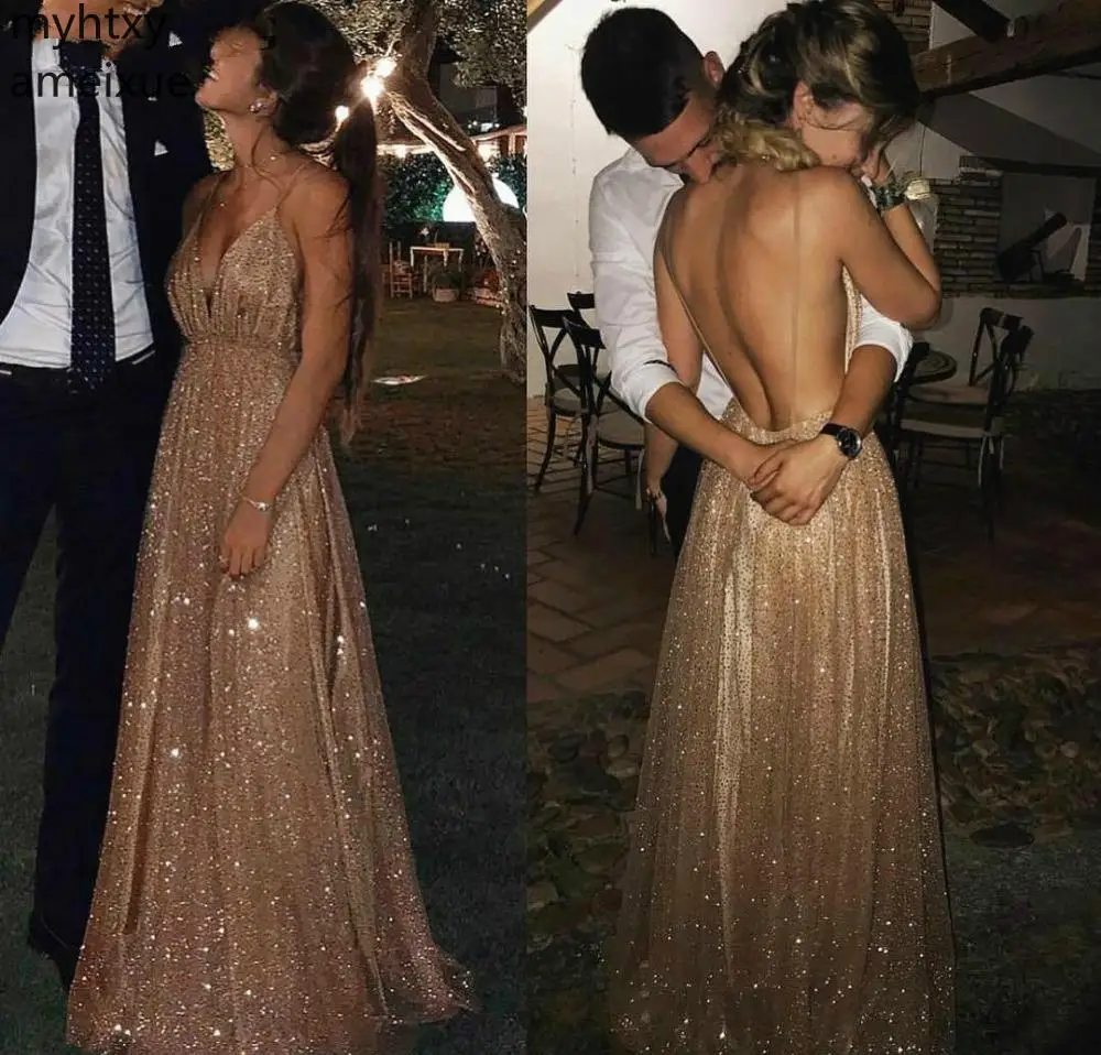 

Gold Sequined Sexy Plus Size Prom Dresses 2019 Spaghetti Straps Backless Formal Holidays Graduation Wear Party Gowns Custom Made