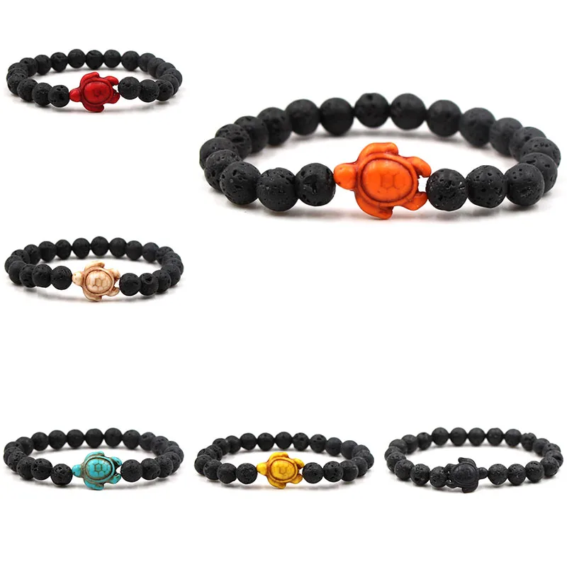

Summer Beach Sea Turtle Beads Bracelet For Men Charm Black Lava Natural Stone Strand Bracelets Elastic Women Boho Jewelry Gifts