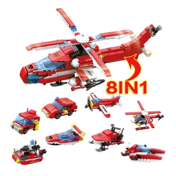 

KAZI 8PCS / lot city fire building block set city helicopter technology building block children toys birthday gift