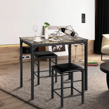 

3 Pcs Simple Morden Design Counter Height Dining Set Black Finished Legs Sturdy Faux Marble Table PU Leather Stool Set