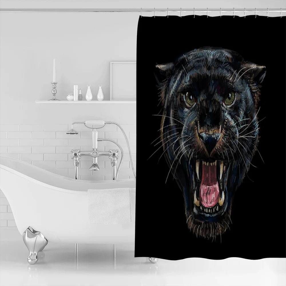 Roaring Black Panther Fabric Bathroom Waterproof Shower Curtain 12 Hooks & Mat 