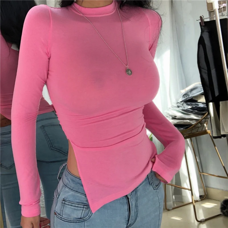 TVVOVVIN Korea 2021 Spring Autumn New Split Sexy Slim Elegant Long Sleeve Tshirt T-shirt Women Tees Pink Fashion Tops WA06 | Женская