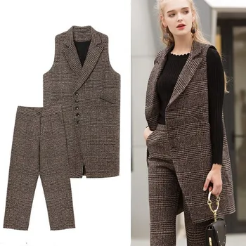 

Women Suits Two Piece Set Vintage Plaid Houndstooth Long Vest Waistcoat Sleeveless Jacket Coat Pants Outfits Plus Size XXXL 4XL