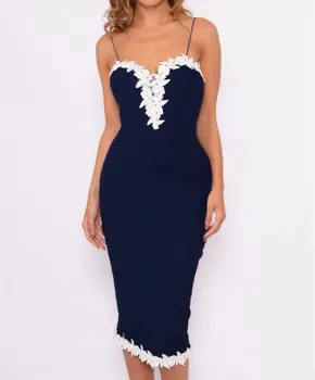 

2020 Comfortable Navy Blue Sexy Women Strappy V Neck Lace Flower Evening Party Ladies Midi Dress