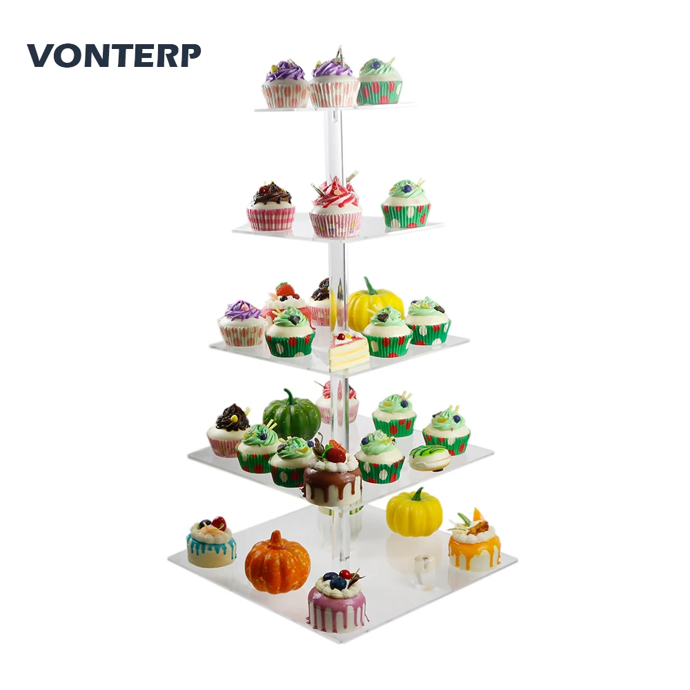

HMROVOOM 1 PC square 5 Tier Transparent Acrylic Cupcake Stand acrylic cake stand with base 5 Tier Square(6" between 2 layers)