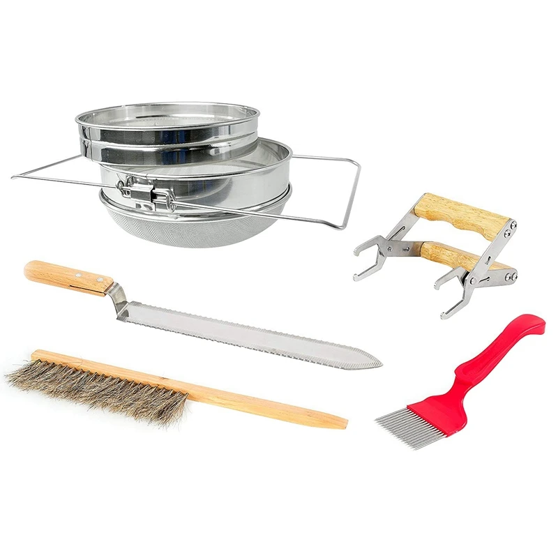 

Honey Harvesting Beekeeping Starter Tool Kit | Set Of 5 - Double Sieve Honey Strainer, Frame Holder, Brush, Uncapping Knife, Unc