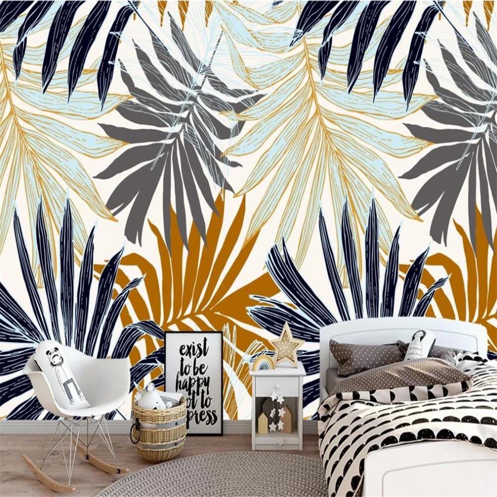 

Drop Shipping Custom Large Wallpaper Mural Hand Painted Watercolor Color Plant Leaf Line Background Wall Decoration Painting
