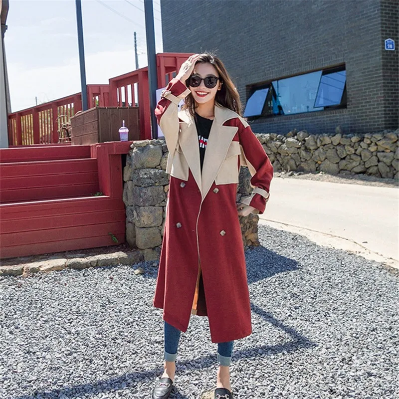 

Plus size Loose Vintage Splice Hit color Windbreaker With belt Women Autumn High quality Double breasted Long Trench Outerwear