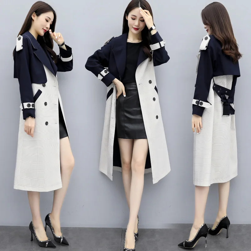 

Trench Coat Women's Mid-length Korean-style 2019 Autumn New Style Women's Double Breasted Fashion Elegant over-the-Knee Contrast