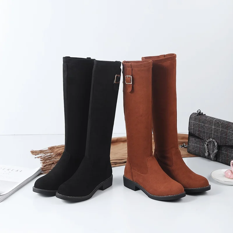 EGONERY winter new concise knee high boots outside comfortable mid heels round toe flock women shoes drop shipping size 32-43